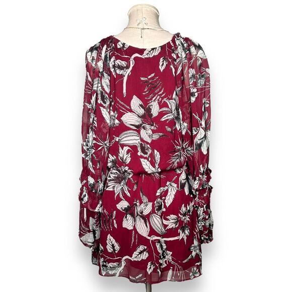PARKER 100%Silk Ruffle Tier Floral Dress Sheer Sleeve Burgundy Sundress Small - Picture 7 of 13